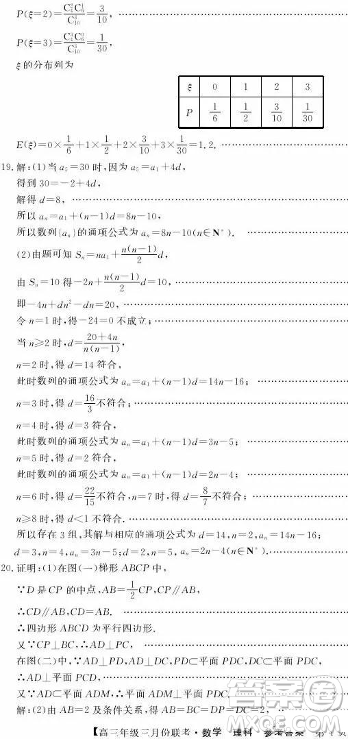 2019年毛坦廠中學高三3月聯(lián)考理科數(shù)學試題及答案