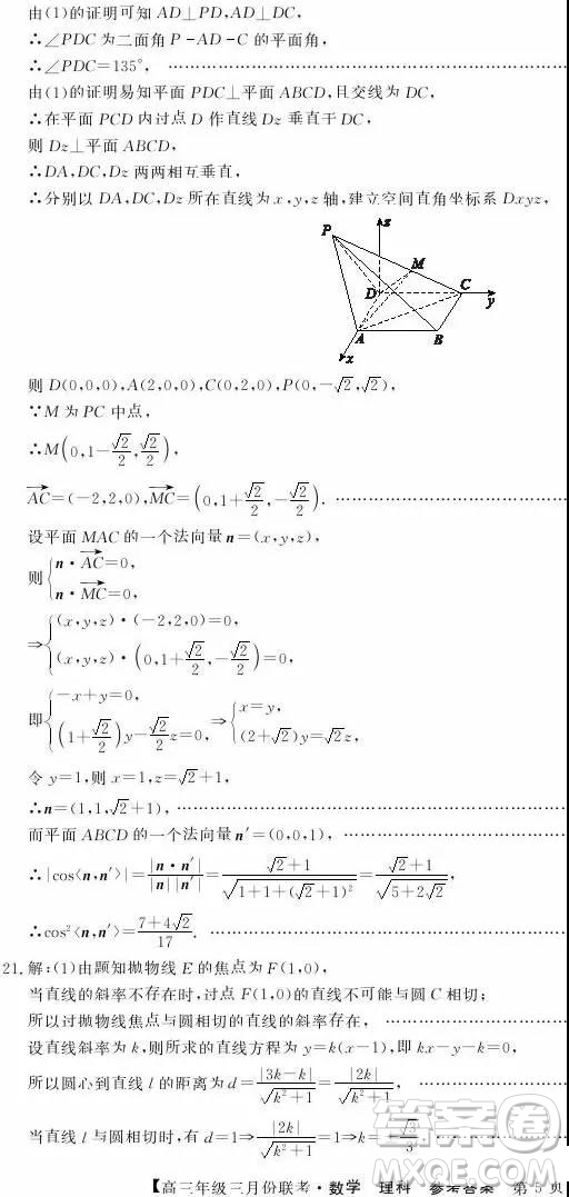 2019年毛坦廠中學高三3月聯(lián)考理科數(shù)學試題及答案