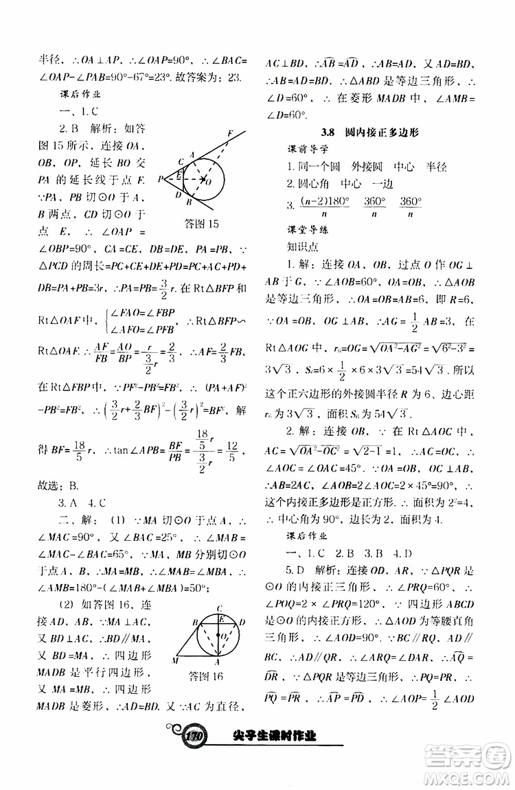 2019年尖子生新課堂課時(shí)作業(yè)九年級(jí)下數(shù)學(xué)BS版北師版參考答案