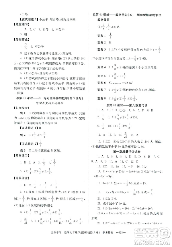 2019版全效學(xué)習(xí)學(xué)業(yè)評(píng)價(jià)方案數(shù)學(xué)七年級(jí)下冊(cè)A冊(cè)BS北師大版答案