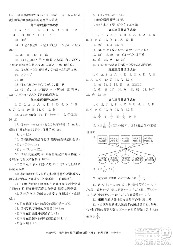 2019版全效學(xué)習(xí)學(xué)業(yè)評(píng)價(jià)方案數(shù)學(xué)七年級(jí)下冊(cè)A冊(cè)BS北師大版答案