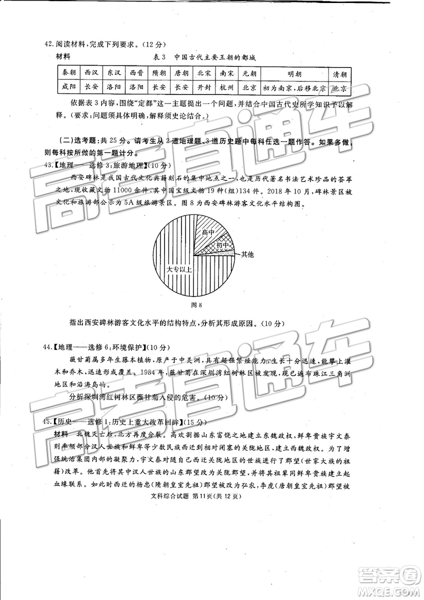 2019年3月廣安、眉山、遂寧、內(nèi)江、資陽、樂山六市二診文理綜試題及參考答案