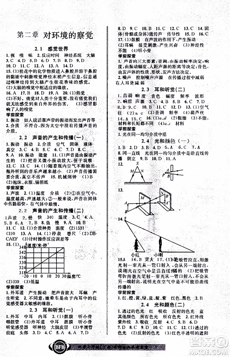 BFB初中課時優(yōu)化2019年名師金典七年級下冊科學(xué)參考答案