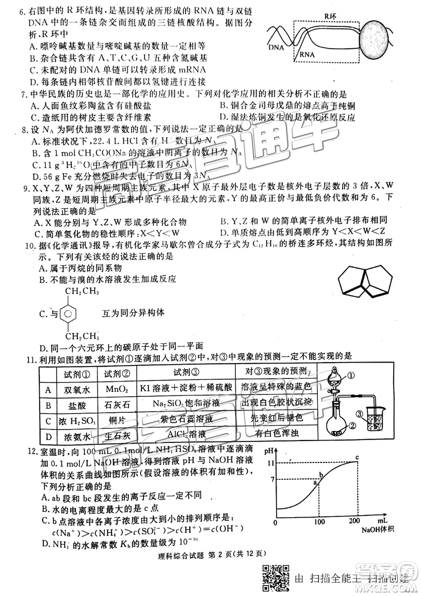 2019年3月廣安、眉山、遂寧、內(nèi)江、資陽、樂山六市二診文理綜試題及參考答案