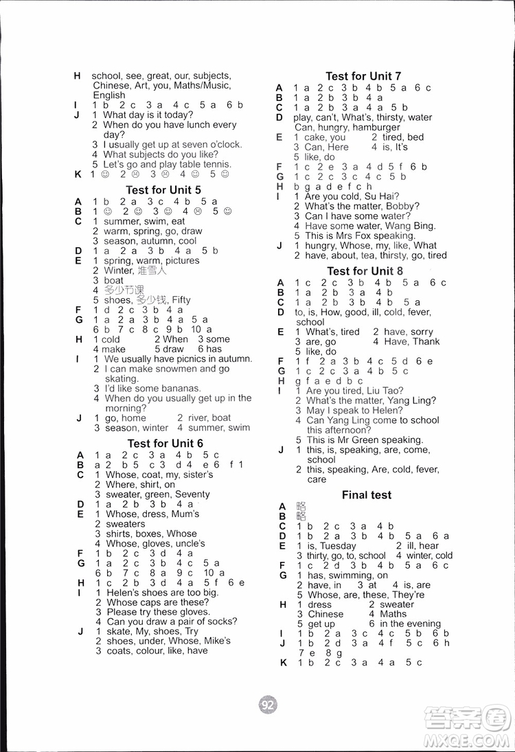 2019版小學(xué)英語課課練四年級下冊江蘇教版配譯林版參考答案