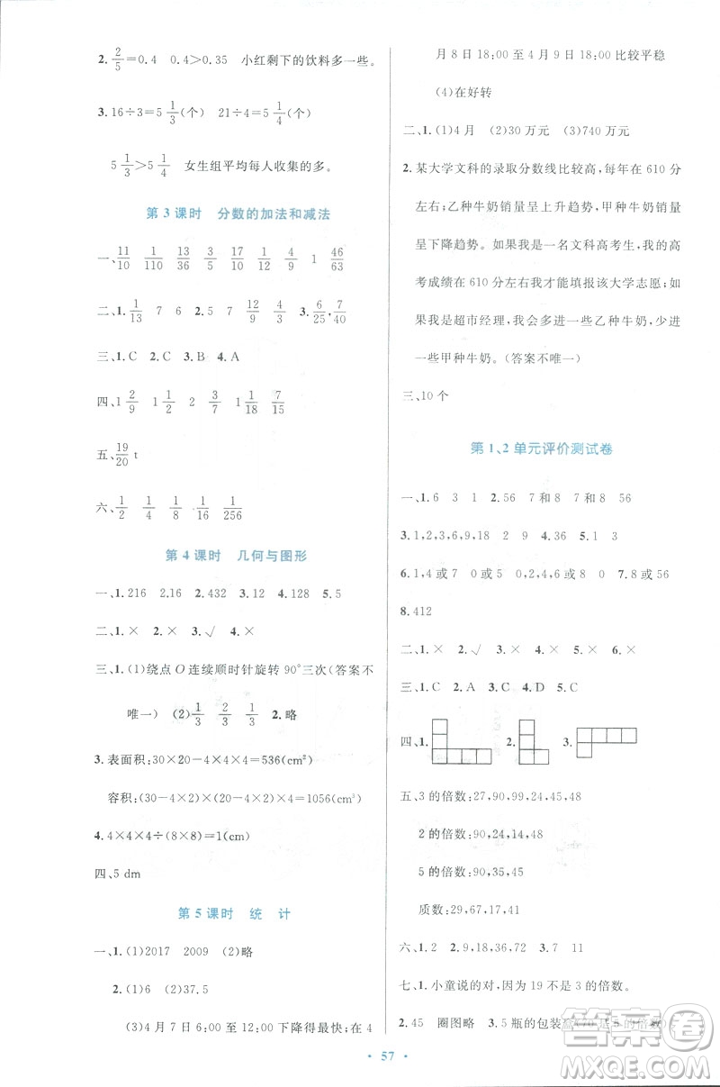 小學(xué)同步測控優(yōu)化設(shè)計(jì)2019春數(shù)學(xué)五年級(jí)下冊人教RJ版增強(qiáng)版答案