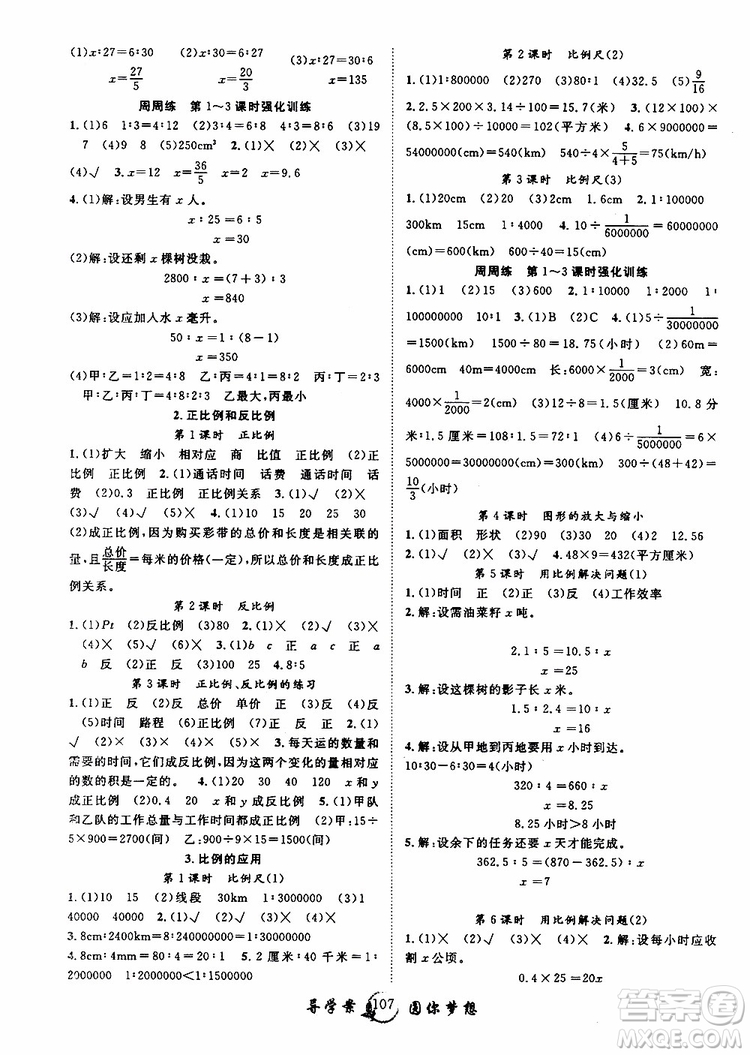 長(zhǎng)江少年兒童出版社2019版優(yōu)質(zhì)課堂導(dǎo)學(xué)案六年級(jí)數(shù)學(xué)下冊(cè)人教版參考答案