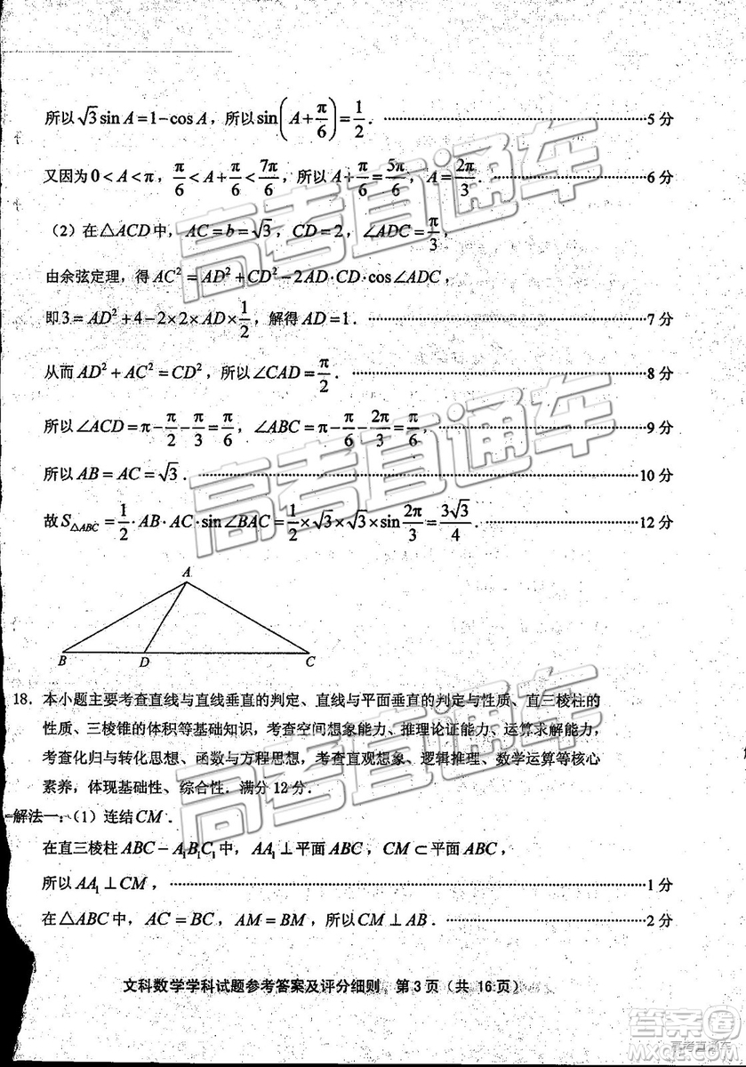 2019年福建省質(zhì)檢文理數(shù)高三試題及參考答案