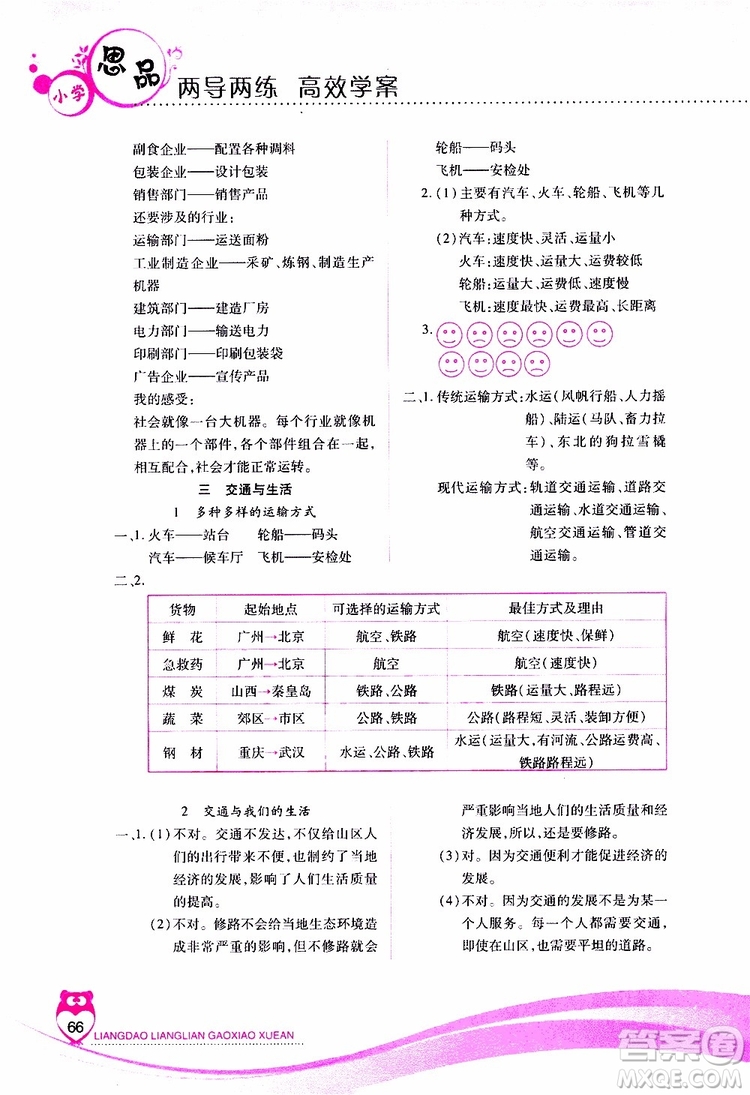 人教版2019年兩導(dǎo)兩練高效學(xué)案品德與社會(huì)四年級(jí)下參考答案