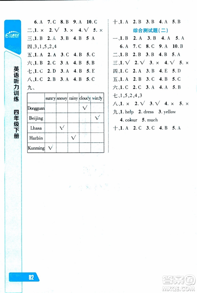 2019年長江全能學案英語聽力訓練四年級下冊人教版參考答案