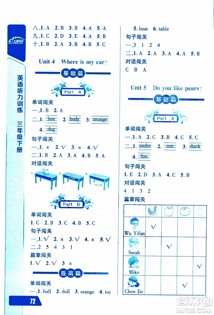 人教版2019年長江全能學(xué)案英語聽力訓(xùn)練三年級下冊參考答案