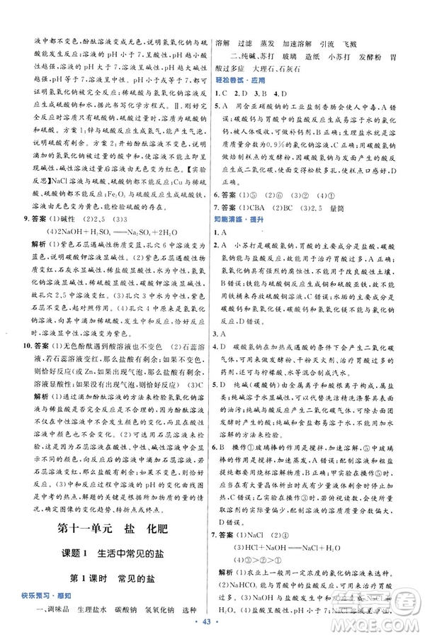 2019初中同步測控優(yōu)化設(shè)計(jì)九年級化學(xué)下冊人教版參考答案