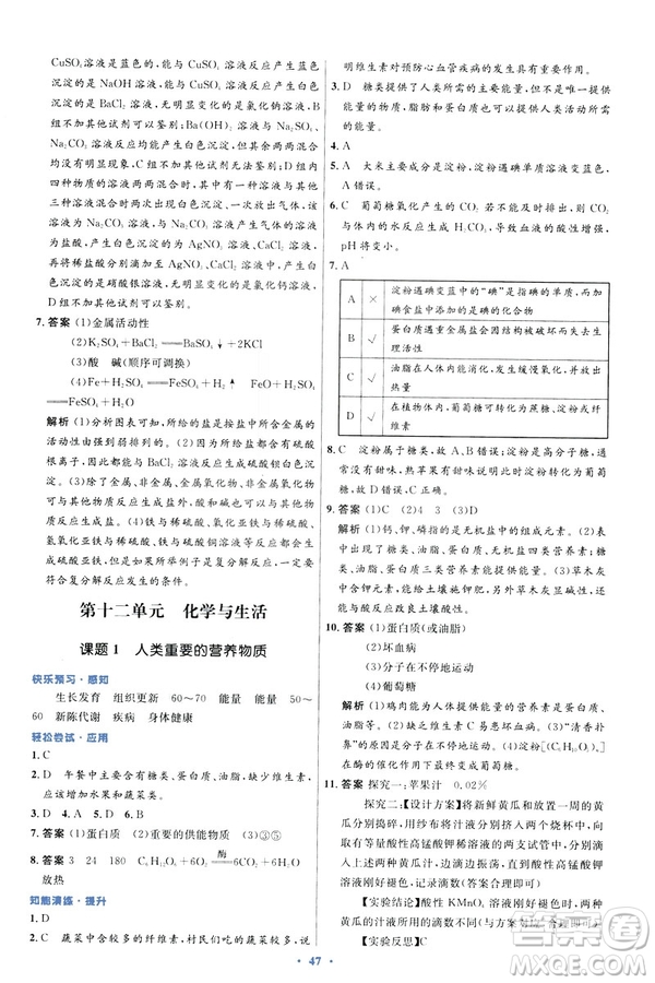 2019初中同步測控優(yōu)化設(shè)計(jì)九年級化學(xué)下冊人教版參考答案