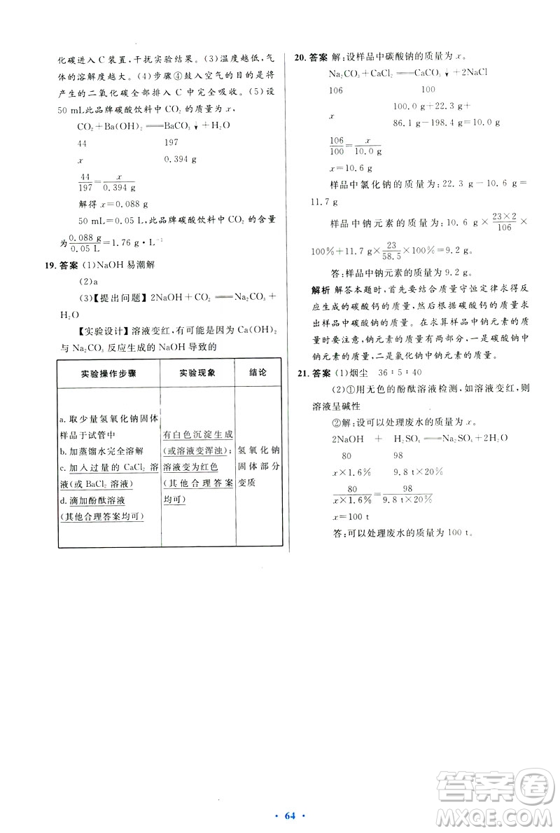 2019初中同步測控優(yōu)化設(shè)計(jì)九年級化學(xué)下冊人教版參考答案