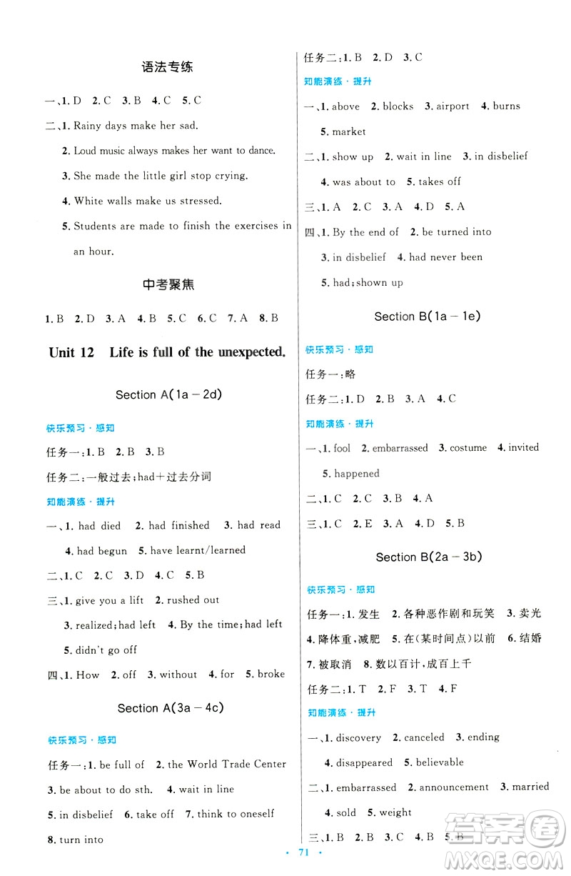 2019年初中同步測控優(yōu)化設計九年級全一冊英語參考答案