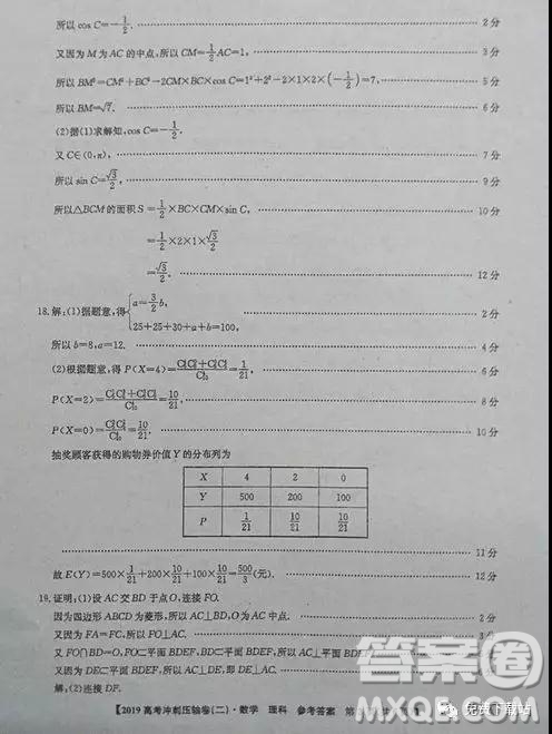 2019年全國高考沖刺壓軸卷二理數(shù)答案