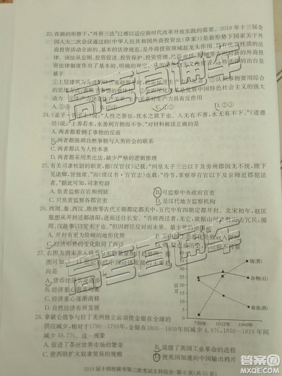 2019年湘贛十四校第二次聯(lián)考文科綜合試題及參考答案