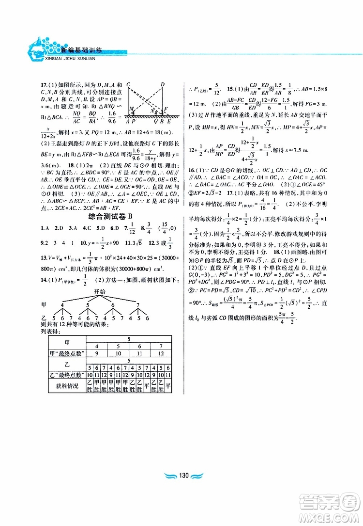 2019版九年級數(shù)學(xué)下冊滬科版新編基礎(chǔ)訓(xùn)練參考答案