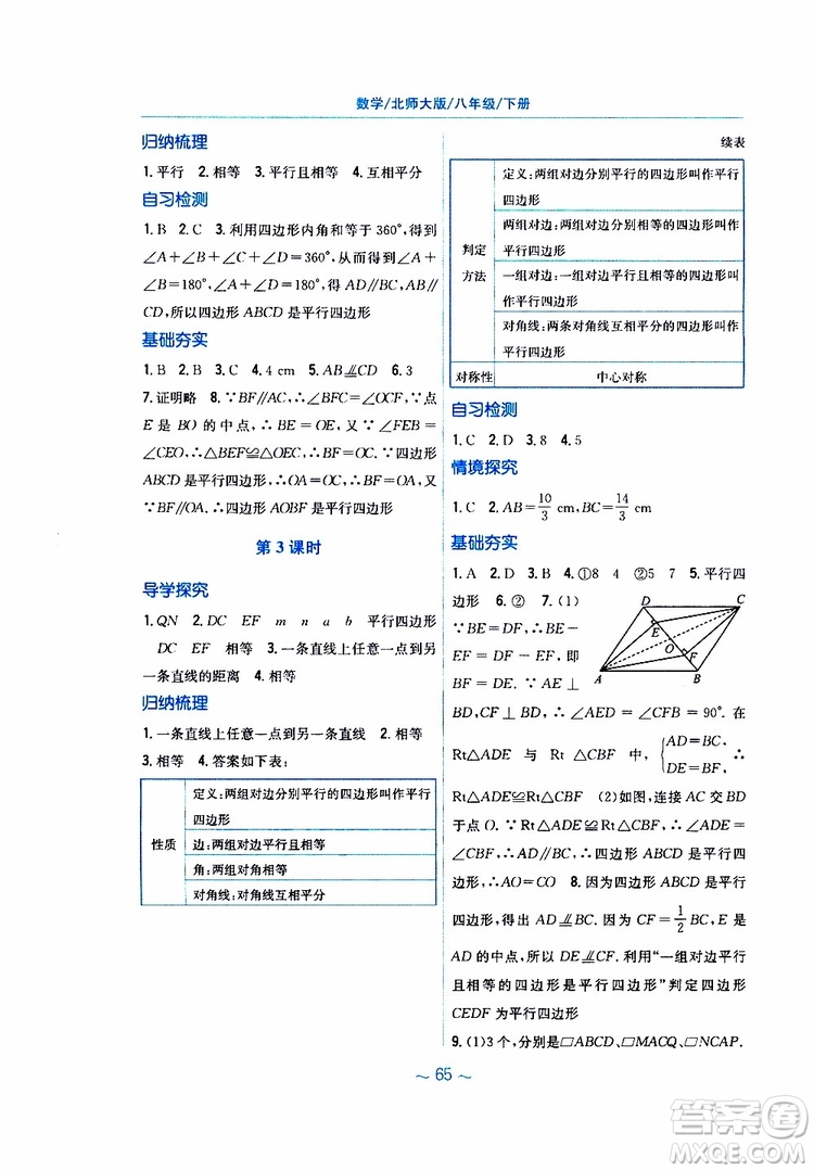 2019版新編基礎(chǔ)訓(xùn)練八年級(jí)數(shù)學(xué)北師大版下冊(cè)參考答案