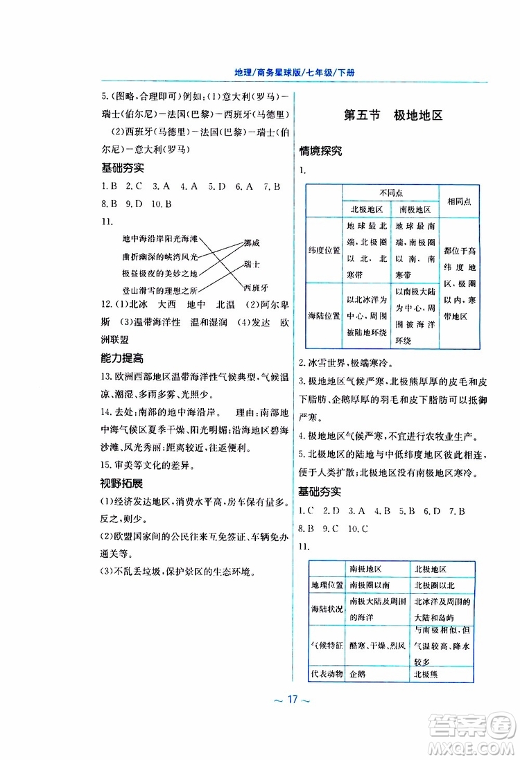 商務(wù)星球版2019春新編基礎(chǔ)訓(xùn)練七年級(jí)下冊(cè)地理參考答案