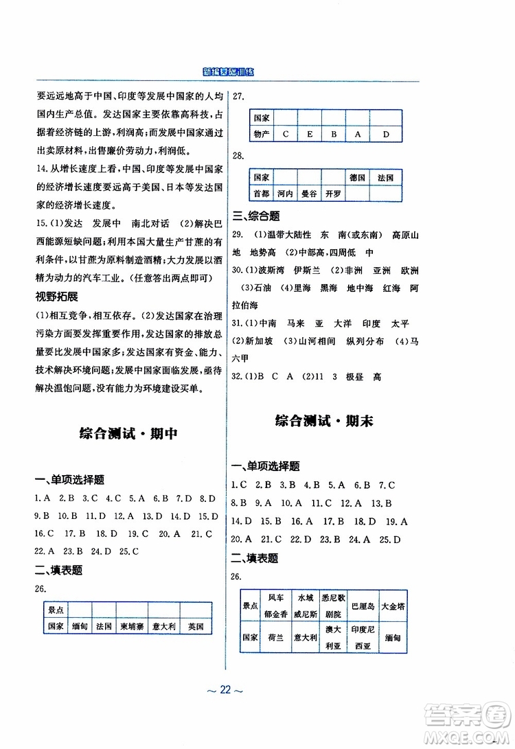 商務(wù)星球版2019春新編基礎(chǔ)訓(xùn)練七年級(jí)下冊(cè)地理參考答案