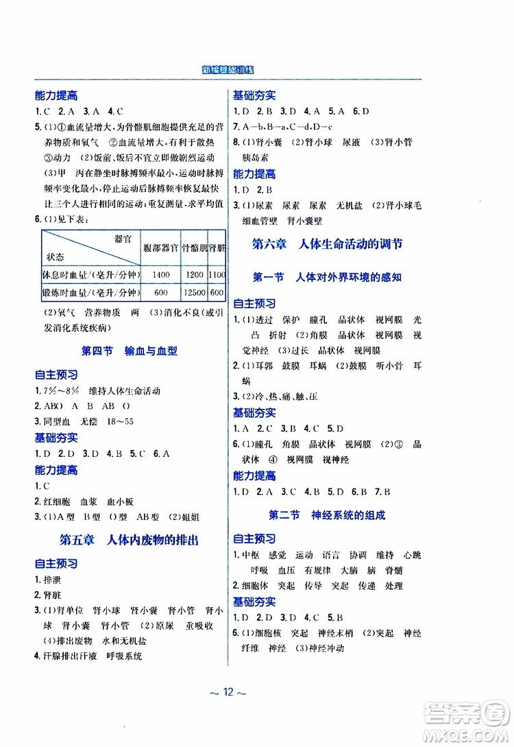 2019版新編基礎訓練七年級生物學下冊RJ人教版9787533625634參考答案