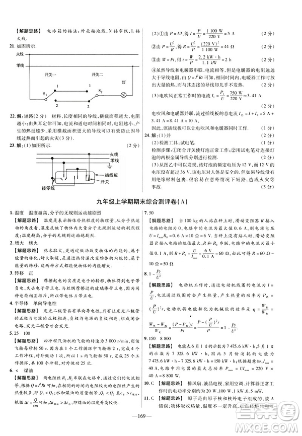 2019版人教版金考卷活頁題選九年級全一冊物理RJ名師名題單元雙測卷答案