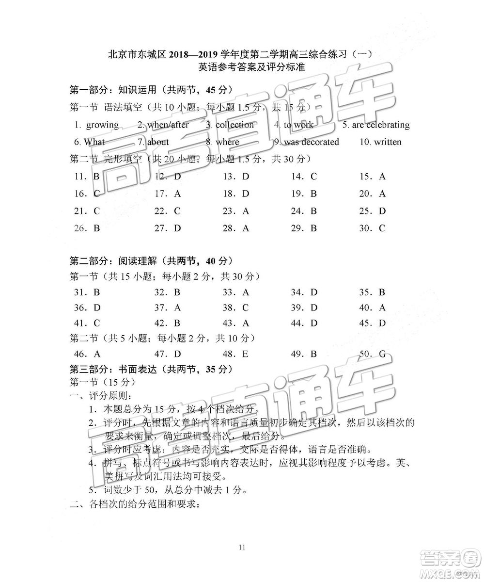 2019年北京東城區(qū)一模英語(yǔ)試題及參考答案