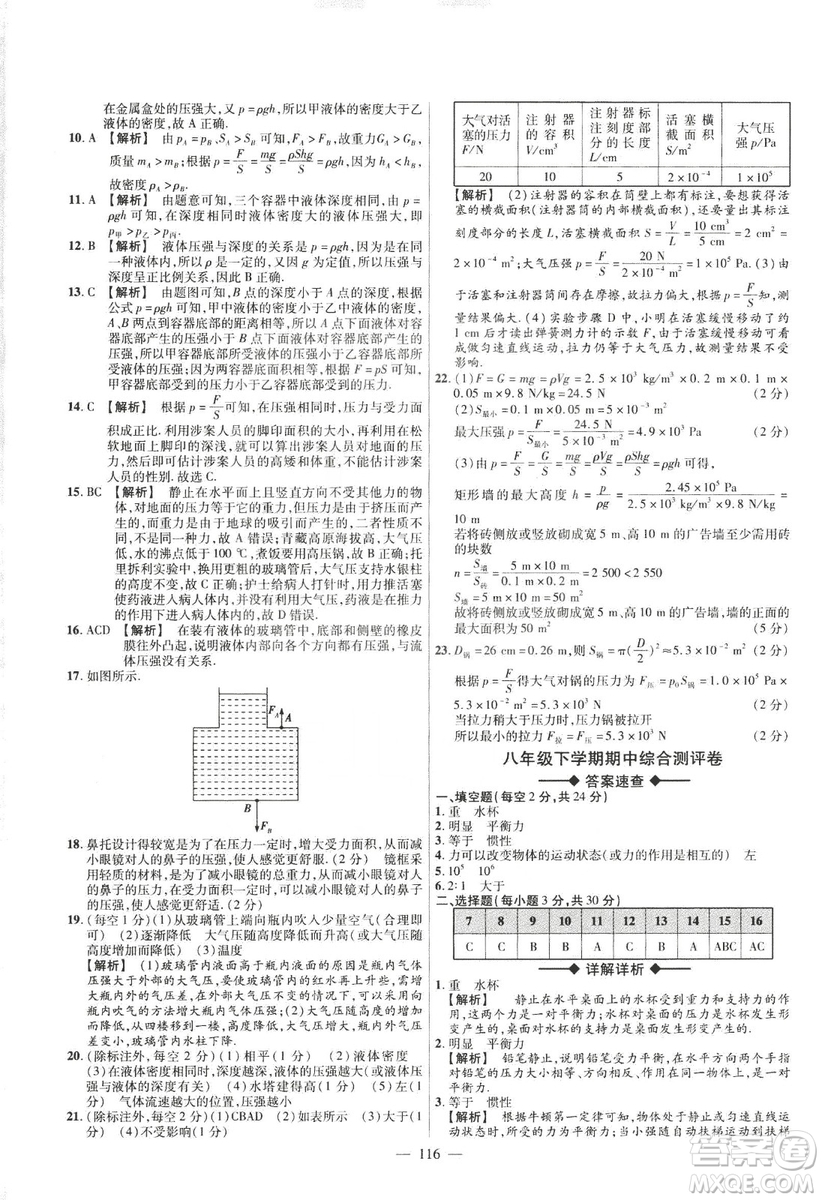 金考卷2019版人教版活頁題選八年級下物理RJ名師名題單元雙測卷答案