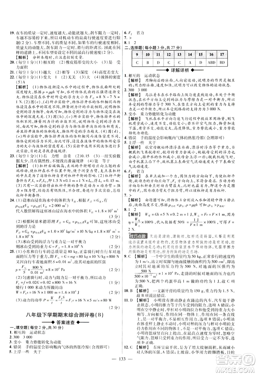 金考卷2019版人教版活頁題選八年級下物理RJ名師名題單元雙測卷答案