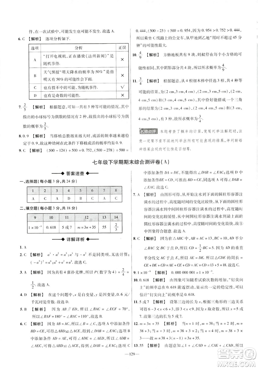 天星教育2019年七年級下活頁題選數(shù)學北師大版BSD金考卷名師名題單元雙測卷答案