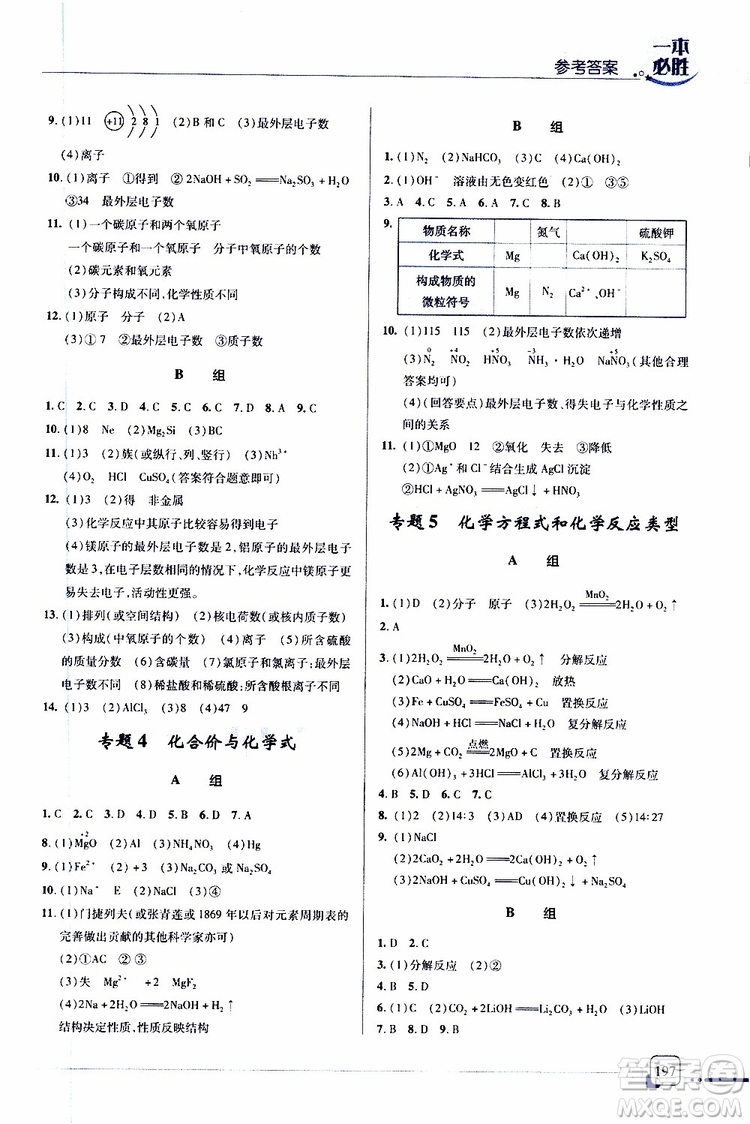 2019新版一本必勝中考化學(xué)金版青島專版參考答案