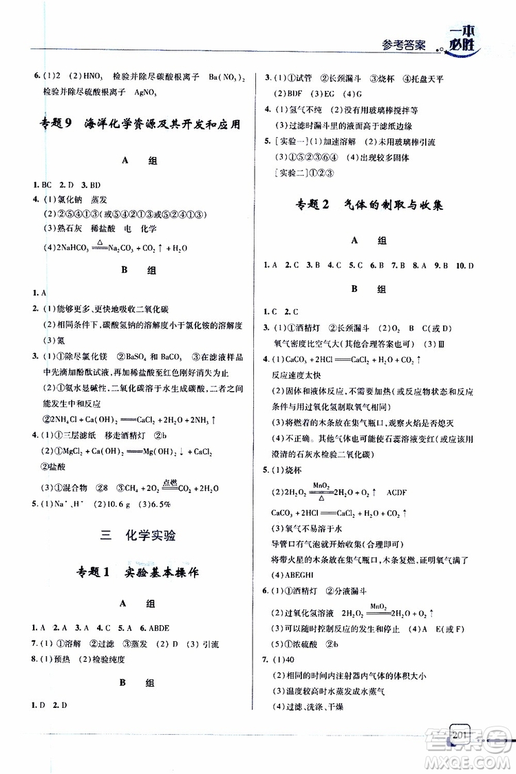 2019新版一本必勝中考化學(xué)金版青島專版參考答案