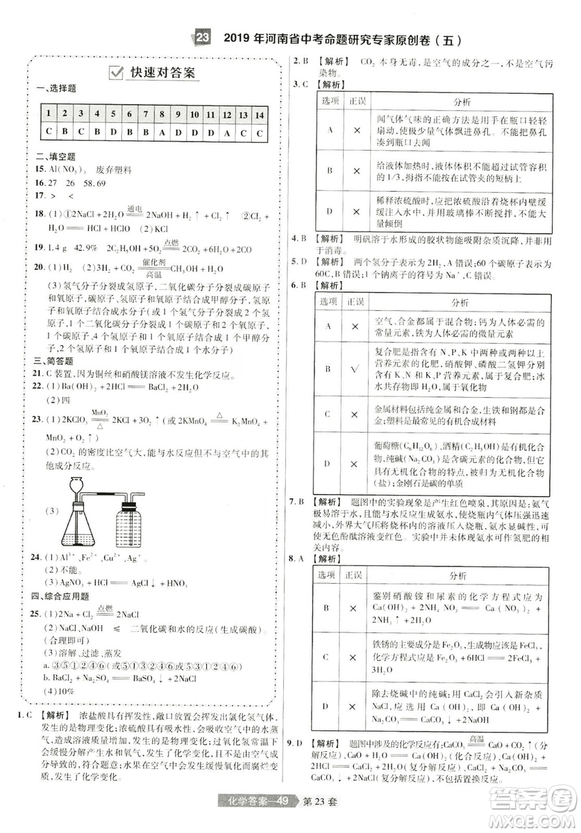 天星文化2019年河南中考45套卷金考卷特快專遞化學(xué)參考答案