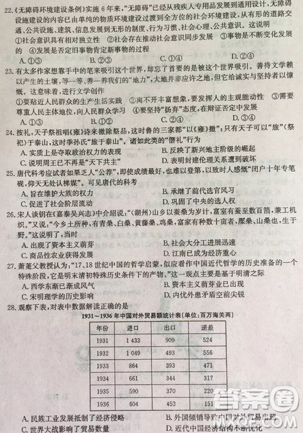 2019年普通高等學(xué)校招生全國(guó)統(tǒng)考沖刺預(yù)測(cè)全國(guó)卷三文綜答案