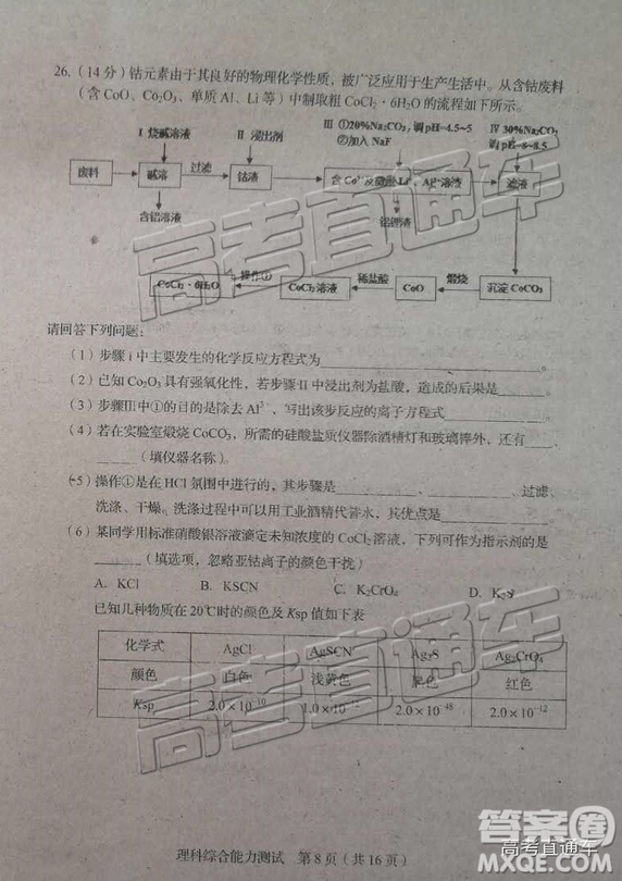 2019年長(zhǎng)春三模理科綜合試題及參考答案