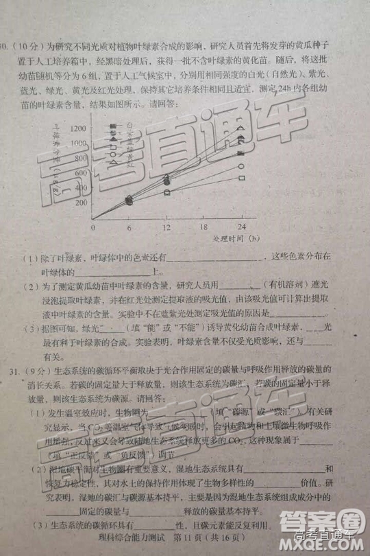 2019年長(zhǎng)春三模理科綜合試題及參考答案