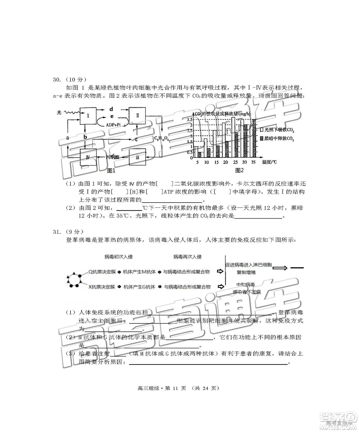 2019年黃山二模理綜試題及參考答案