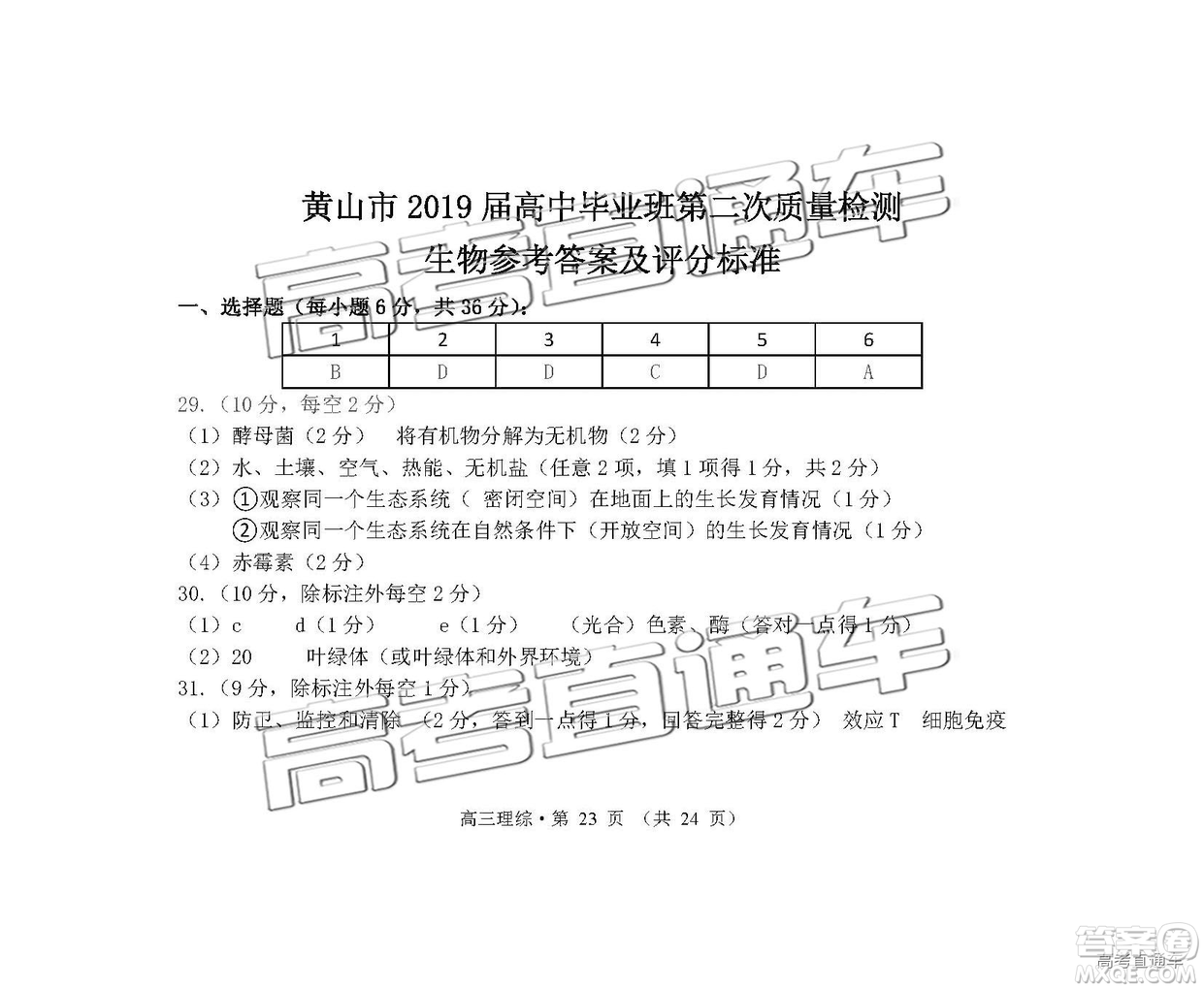 2019年黃山二模理綜試題及參考答案