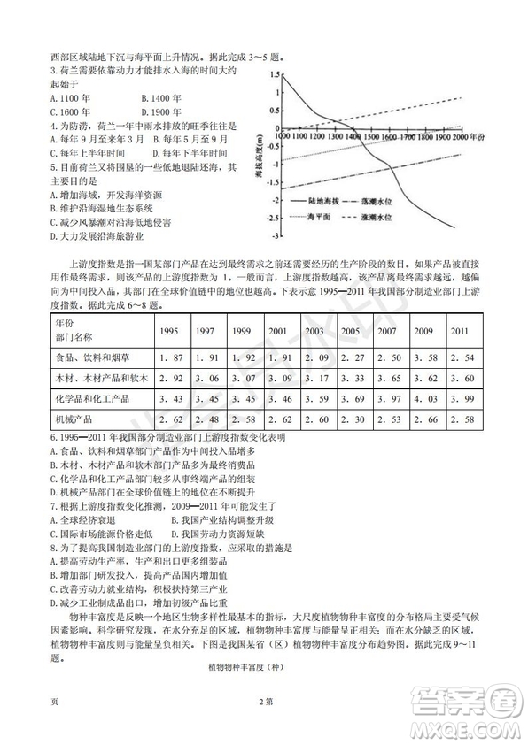 玉溪一中高2019屆高三第五次調研考試文科綜合試卷及答案