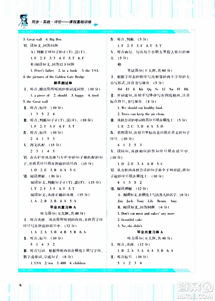 2019年湘少版六年級下冊英語課程基礎訓練參考答案