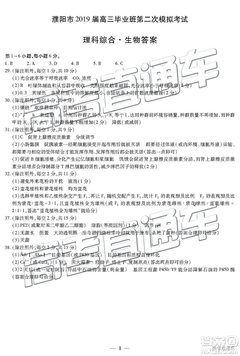 2019年濮陽二模文理綜試題及參考答案