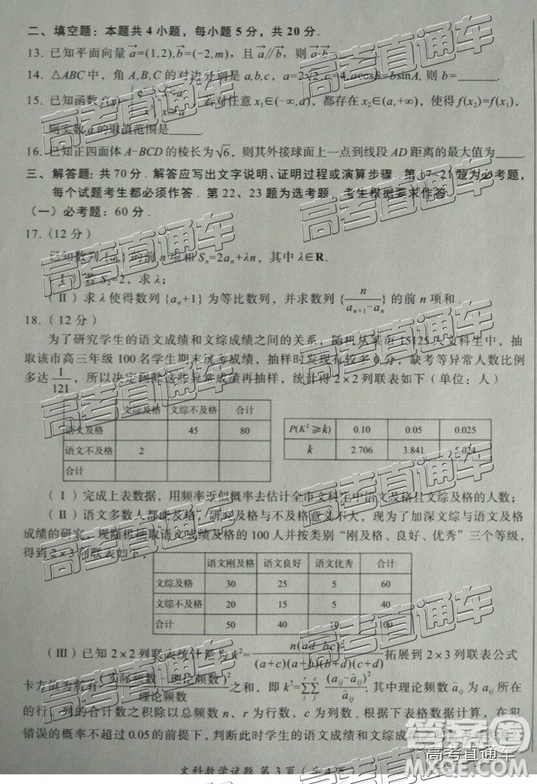 2019年燕博園高三綜合能力測試題CAT三文理數試題及參考答案