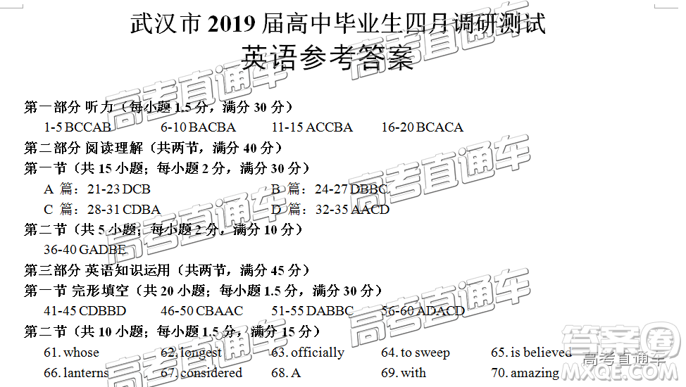 2019武漢高三四月調考英語參考答案