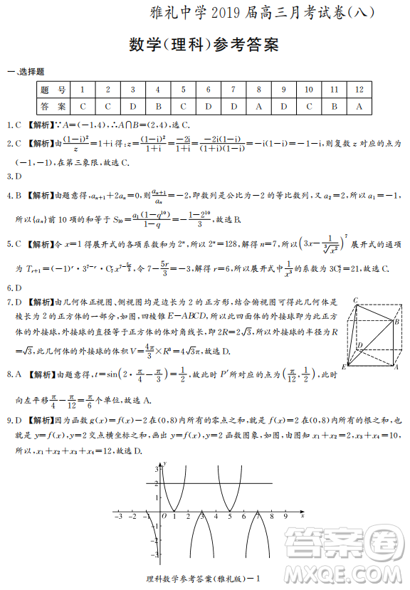 2019年雅禮中學(xué)高三第八次月考文理數(shù)試題及答案