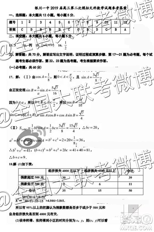 銀川一中2019屆高三第二次模擬考試文理數(shù)參考答案