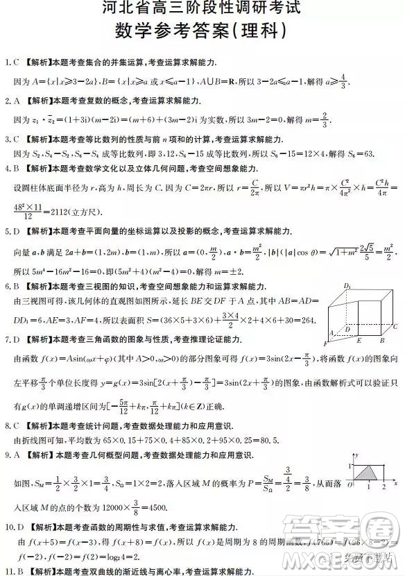 2019年河北省高三階段性調(diào)研考試?yán)頂?shù)試題及參考答案