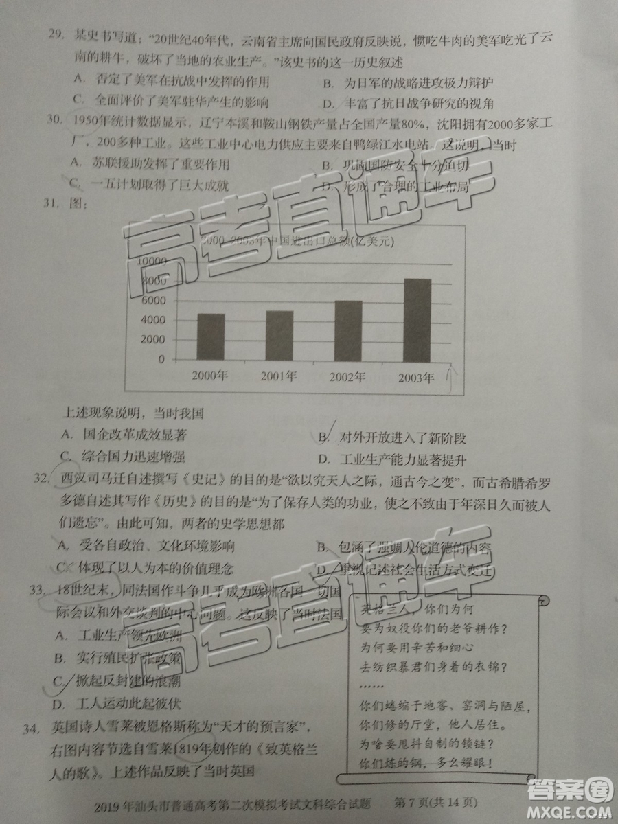 2019年汕頭二模文綜試題及參考答案