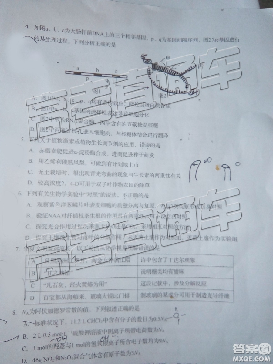 2019年汕頭二模理綜試題及參考答案