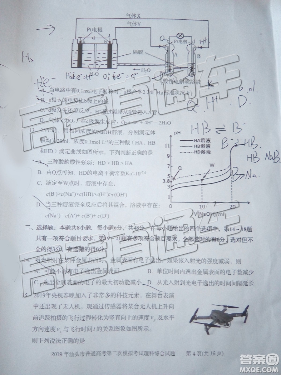 2019年汕頭二模理綜試題及參考答案